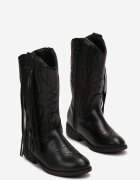  Botine Negre Cowboy cu Talpă Plată cu Franjuri Sandimes