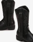  Botine Negre Cowboy cu Talpă Plată cu Franjuri Sandimes