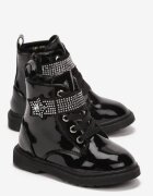  Botine Negre cu șireturi pe Talpă Plată cu velcro cu Zirconii Isilira
