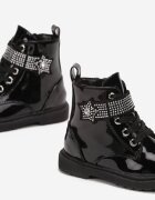  Botine Negre cu șireturi pe Talpă Plată cu velcro cu Zirconii Isilira