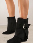  Botine Negre cu talpă compensată cu carâmb răsfrânt decorate cu cataramă Mialicia