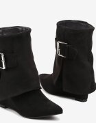  Botine Negre cu talpă compensată cu carâmb răsfrânt decorate cu cataramă Mialicia