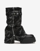  Botine Negre cu Talpă Groasă în Stil Rock cu Guler Rabatabil Fermoar și Curea Merivette