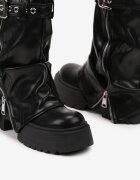  Botine Negre cu Talpă Groasă în Stil Rock cu Guler Rabatabil Fermoar și Curea Merivette