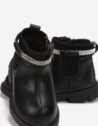  Botine Negre cu Talpă Plată cu Baretă Decorată cu Zirconii Korifa