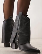  Botine Negre cu Toc Stil Western cu Fermoar cu Manșetă Răsfrântă Mavelia