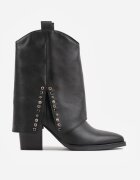  Botine Negre cu Toc Stil Western cu Fermoar cu Manșetă Răsfrântă Mavelia