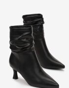  Botine Negre cu toc subțire jos cu fermoar și carâmb încrețit Yulie