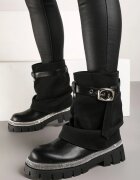  Botine Negre Decorate cu Strass-uri cu Manșetă Textilă Întoarsă cu Curea și Cataramă Toridra