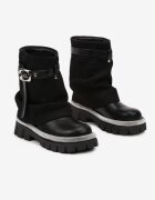  Botine Negre Decorate cu Strass-uri cu Manșetă Textilă Întoarsă cu Curea și Cataramă Toridra