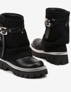  Botine Negre Decorate cu Strass-uri cu Manșetă Textilă Întoarsă cu Curea și Cataramă Toridra