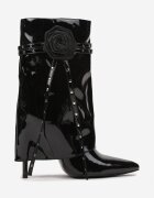  Botine Negre Lăcuite cu Toc Stiletto Manșetă Răsfrântă și Aplicație Florală Lotilaine