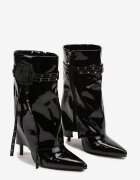  Botine Negre Lăcuite cu Toc Stiletto Manșetă Răsfrântă și Aplicație Florală Lotilaine