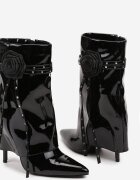  Botine Negre Lăcuite cu Toc Stiletto Manșetă Răsfrântă și Aplicație Florală Lotilaine
