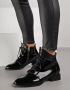  Botine Negre Lăcuite Plate cu Șireturi Mivanna
