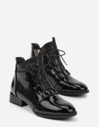 Botine Negre Lăcuite Plate cu Șireturi Mivanna