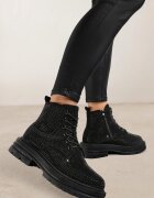  Botine Negre Șiretate cu Zirconii pe Talpă Groasă Lirandor