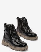  Botine Negre Stil Worker din Piele Ecologică Lăcuită cu Iepuraș și Lanț Lurena