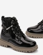 Botine Negre Stil Worker din Piele Ecologică Lăcuită cu Iepuraș și Lanț Lurena