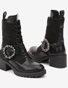  Botine Negre worker cu Toc gros decorate cu Curea cu Cataramă decorativă Emmilda