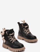  Botine Negru-Bej cu Talpă Groasă din Piele Ecologică și Iepuraș Decorativ Nymeria