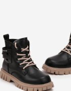  Botine Negru-Bej cu Talpă Groasă din Piele Ecologică și Iepuraș Decorativ Nymeria