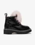  Botine Negru-Roz pe Talpă Plată cu Fire Decorative și Blană Artificială Joava