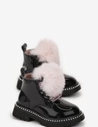  Botine Negru-Roz pe Talpă Plată cu Fire Decorative și Blană Artificială Joava
