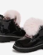  Botine Negru-Roz pe Talpă Plată cu Fire Decorative și Blană Artificială Joava