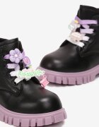  Botine Negru-Violet cu talpă plată cu decupaje decorate cu pandantive Siduri