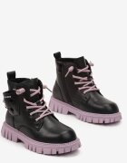  Botine Negru-Violet cu Talpă Plată din Piele Ecologică cu Breloc Decorativ Elvani