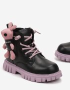  Botine Negru-Violet cu Talpă Plată din Piele Ecologică cu Breloc Decorativ Elvani
