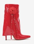  Botine Roșii Lăcuite pe toc stiletto cu manșetă răsfrântă și aplicație florală Lotilaine