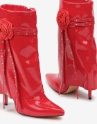  Botine Roșii Lăcuite pe toc stiletto cu manșetă răsfrântă și aplicație florală Lotilaine