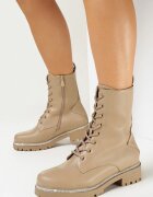  Botine stil worker bej închis cu șireturi din piele ecologică cu zirconii pe talpă Velille