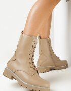  Botine stil worker bej închis cu șireturi din piele ecologică cu zirconii pe talpă Velille