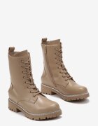  Botine stil worker bej închis cu șireturi din piele ecologică cu zirconii pe talpă Velille