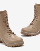  Botine stil worker bej închis cu șireturi din piele ecologică cu zirconii pe talpă Velille
