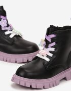  Botine stil worker Negru-Mov cu Șireturi Decorative Paulla