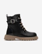  Botine tip Worker Negre Lăcuite din Piele ecologică cu Șireturi și Curea cu Cataramă Pordenta