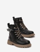  Botine tip Worker Negre Lăcuite din Piele ecologică cu Șireturi și Curea cu Cataramă Pordenta