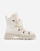  Botine Trapper Albe cu șireturi decorative și blăniță Godhilde