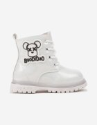  Botine trapper Albe Lăcuite cu Sclipici și Aplicație Decorativă 3D Leritte