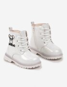  Botine trapper Albe Lăcuite cu Sclipici și Aplicație Decorativă 3D Leritte