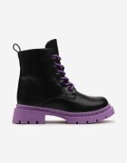  Botine worker Negru-Violet cu Talpă Plată cu Fundiță Decorativă și Motiv Iepuraș Poono