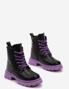  Botine worker Negru-Violet cu Talpă Plată cu Fundiță Decorativă și Motiv Iepuraș Poono