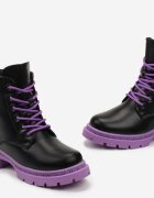 Botine worker Negru-Violet cu Talpă Plată cu Fundiță Decorativă și Motiv Iepuraș Poono