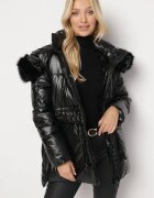 bright girl Geacă Neagră Matlasată cu Glugă Detașabilă și Luciu Metalic Gumiare