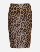by may Fustă Creion Maro cu Imprimeu Leopard cu Șliț pe Picior Tamornis