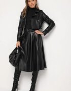 by may Spódnică Neagră Evazată Preppy Plisată cu Talie Înaltă din Piele Ecologică cu Curea Irivale